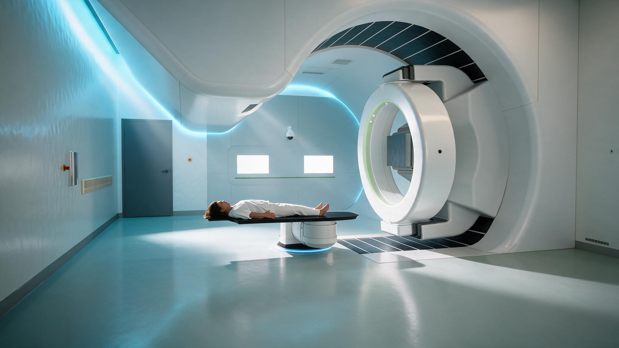 Patientin auf einer robotischen gKteso Behandlungsliege vor einem Radiotherapie-System