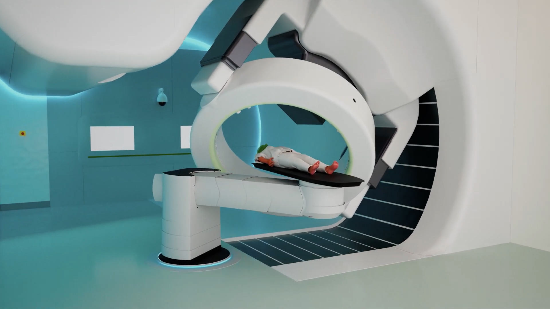 Patient auf einer robotischen gKteso Behandlungsliege innerhalb einer Radiotherapie-Anlage