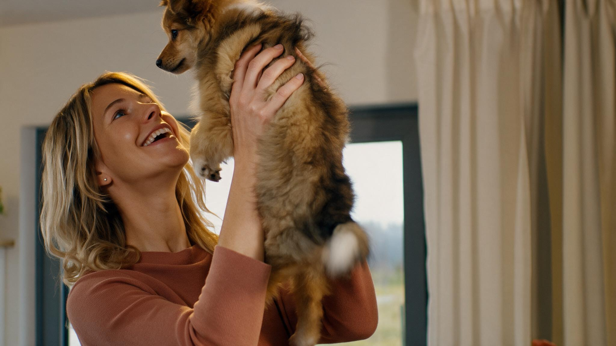 Frau hebt einen kleinen Hund liebevoll hoch und lächelt ihn in einem warm beleuchteten Wohnraum an