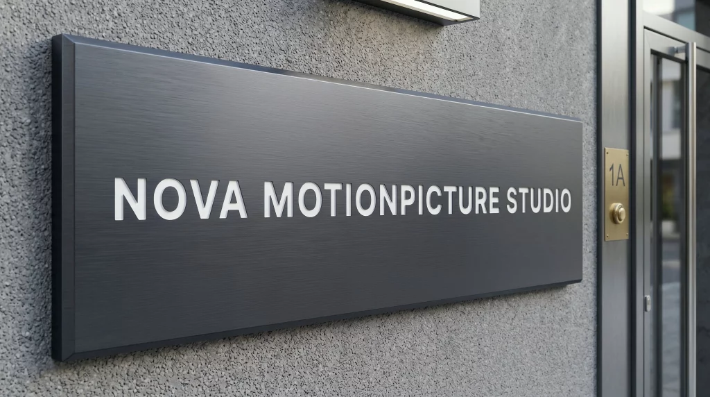 Firmenschild von Nova Motionpicture Studio an einer modernen Gebäudefassade