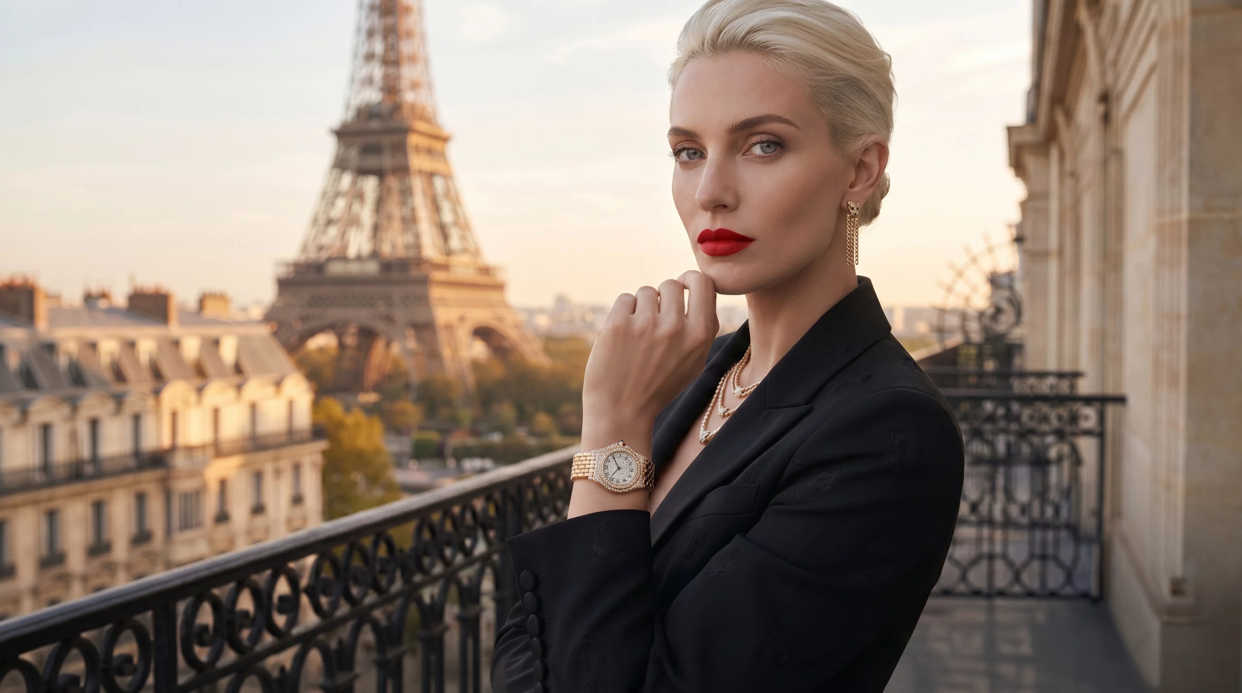 Elegante Frau mit Goldschmuck auf einem Pariser Balkon mit dem Eiffelturm im Hintergrund