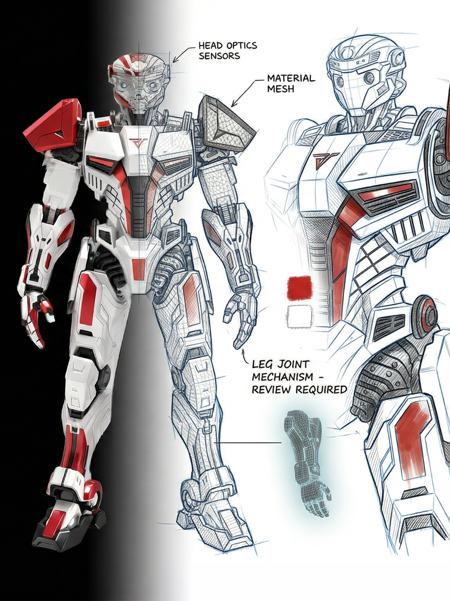Roboter-Character-Design mit technischen Konzeptzeichnungen, Materialstudien und ausgearbeitetem 3D-Modell
