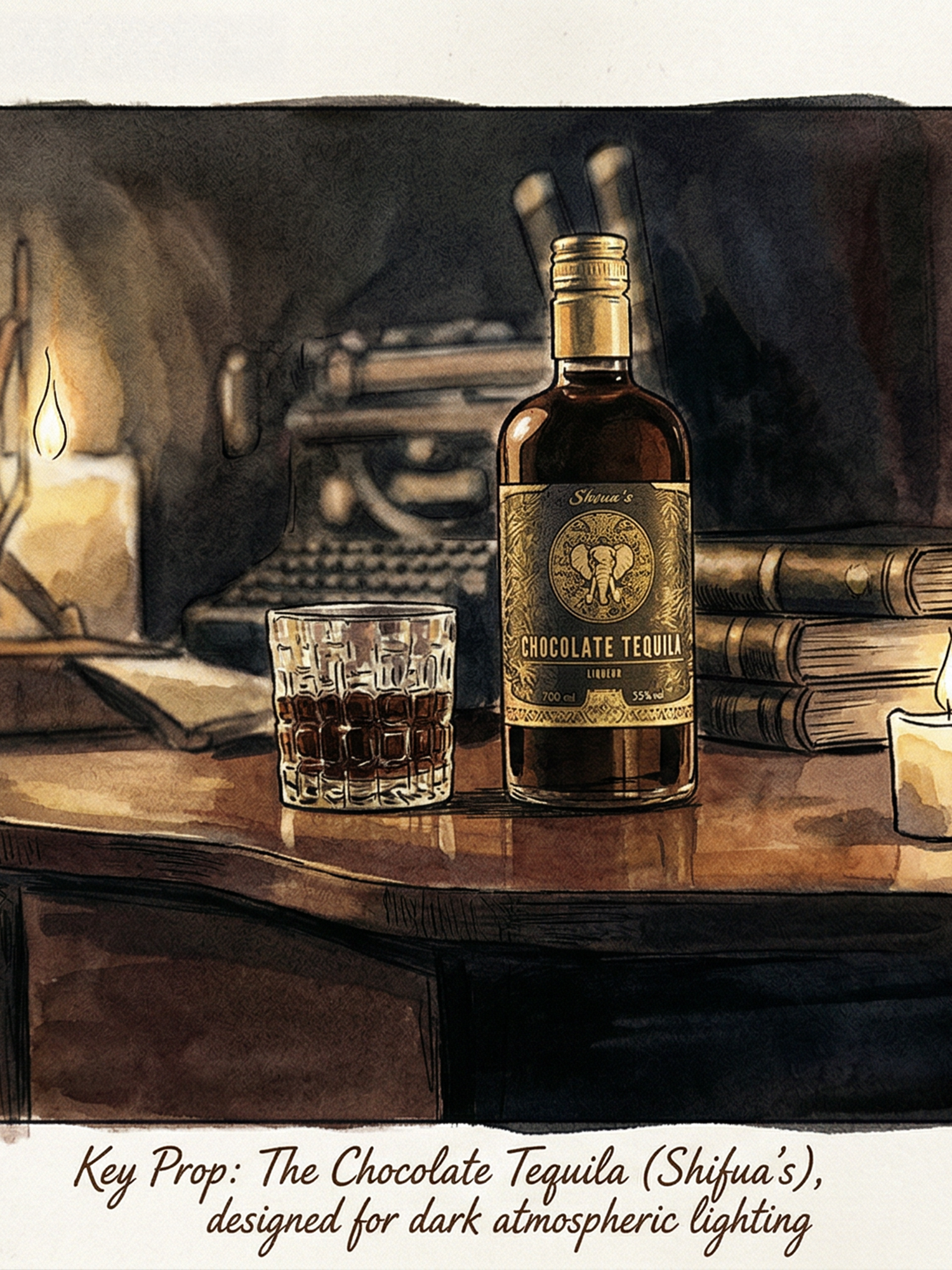 Illustrative Konzeptentwicklung einer Chocolate-Tequila-Flasche als Key Prop in einer dunklen, atmosphärischen Barszene
