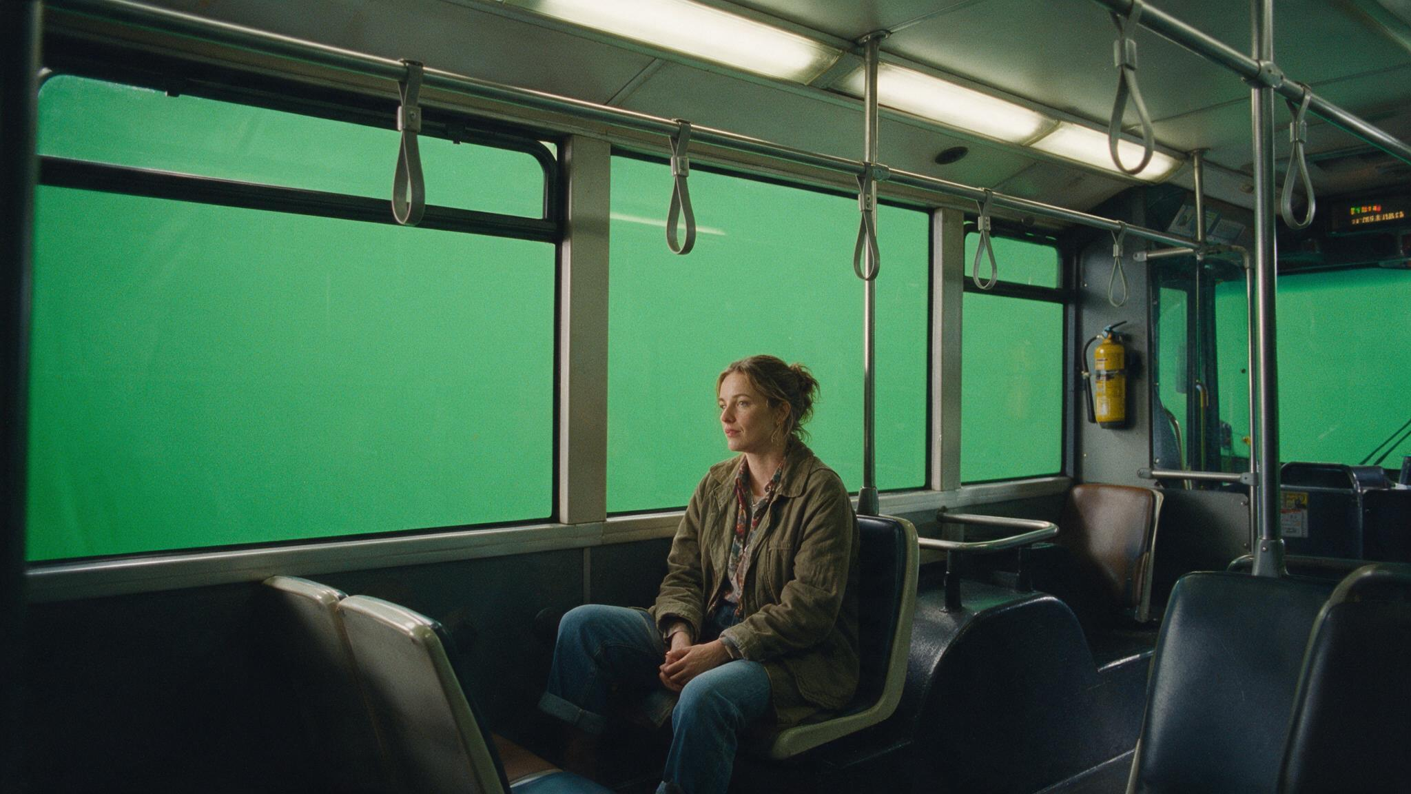 Frau sitzt in einem Bus vor grün abgedeckten Fenstern für eine spätere VFX- und Compositing-Integration