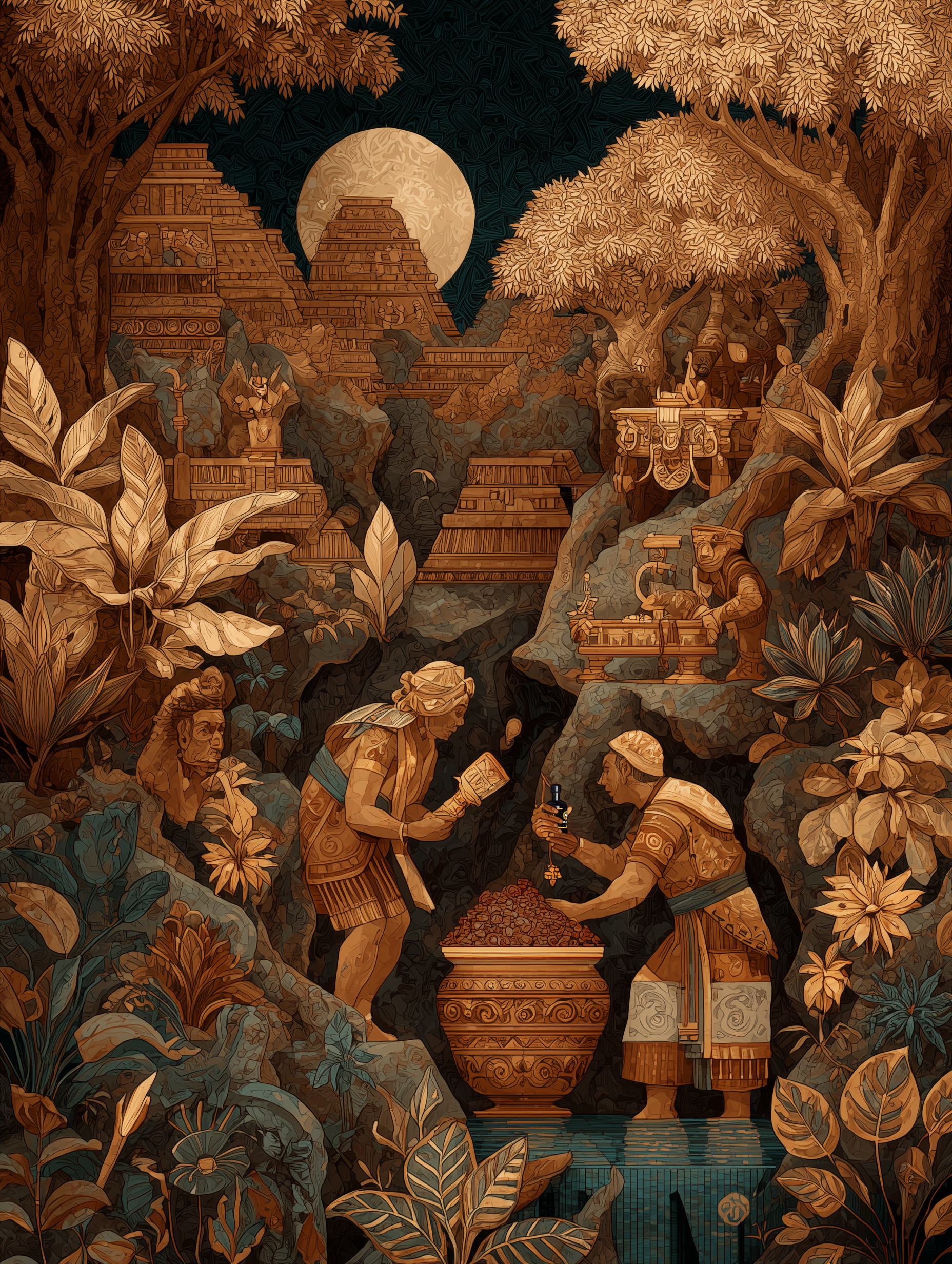 Detailreiche Concept-Art einer von der Maya-Kultur inspirierten Dschungelwelt mit Tempelanlagen, Figuren und üppiger Vegetation