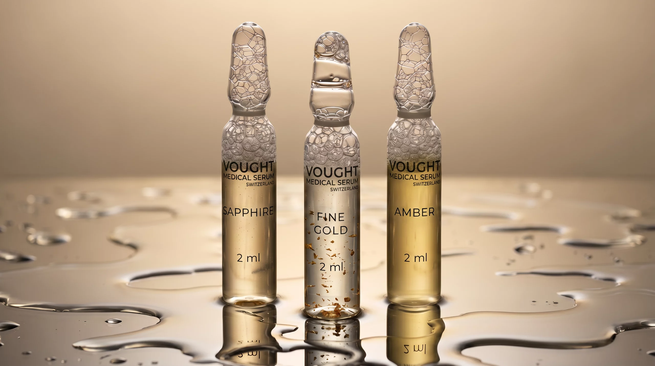 Drei Vought Medical Serum Ampullen als fotorealistische CGI-Produktvisualisierung auf einer reflektierenden Flüssigkeitsoberfläche